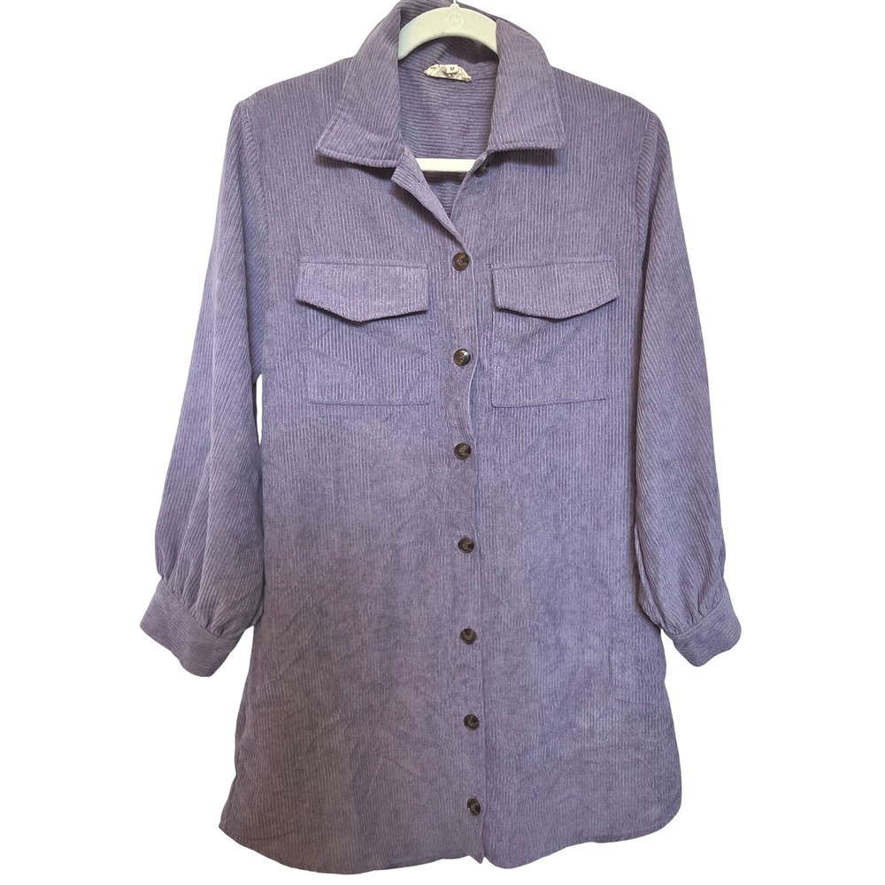 Entro Lavender Purple Corduroy Button Down Shirt Dress Balloon Sleeve Womens M